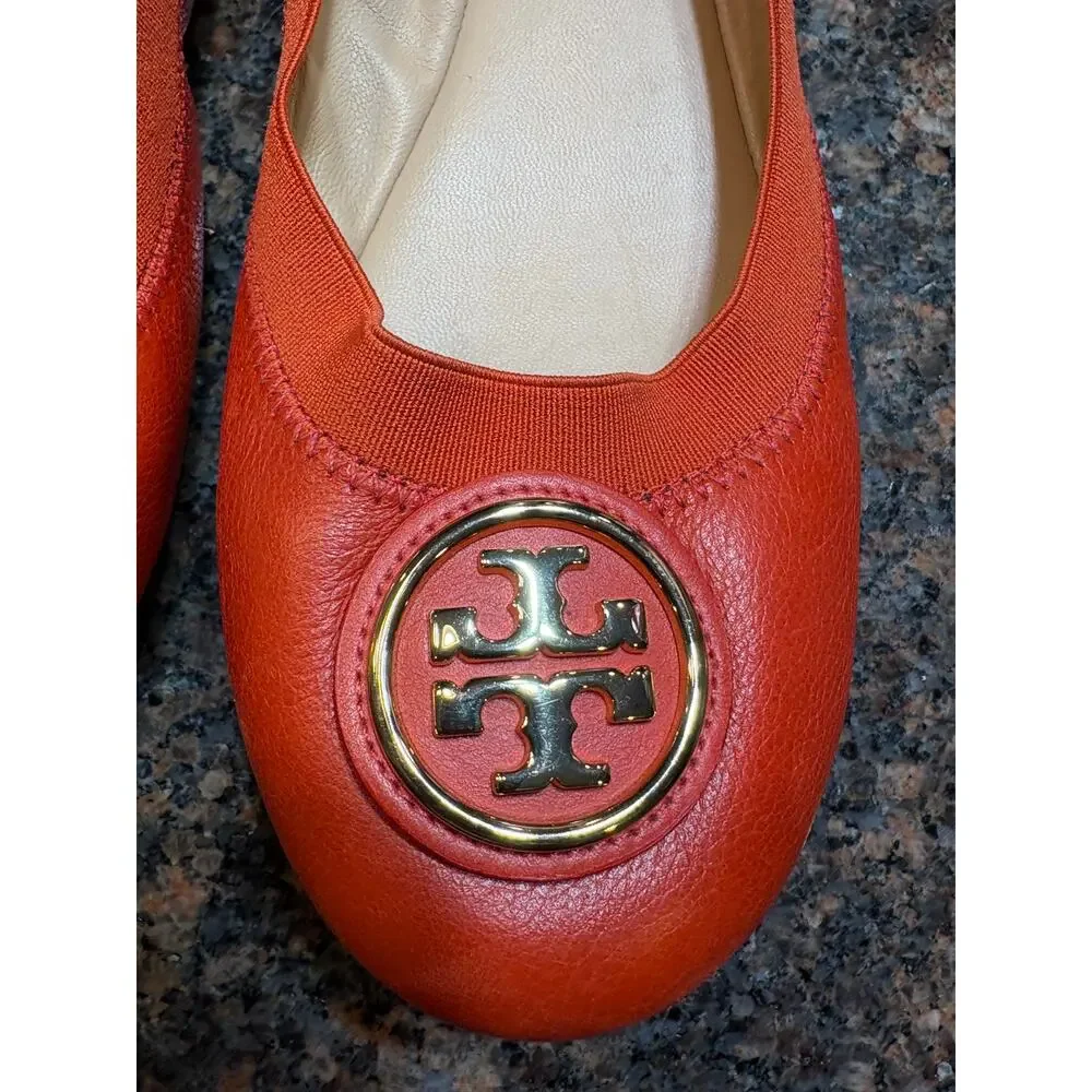 Tory Burch Women’s Orange Leather Round Toe Slip-On Ballet Flats Size 9